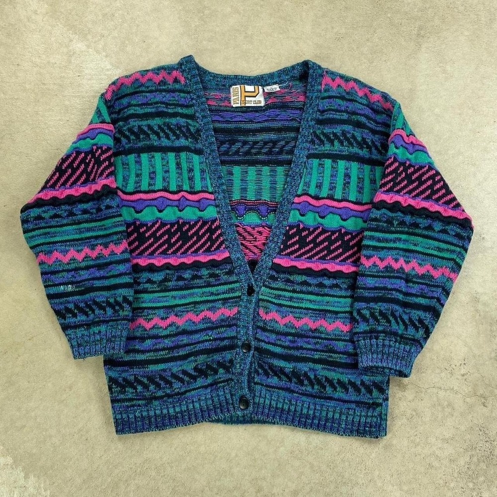 Vintage 90s Paris Sport Club Cardigan Sweater Size Medium Green Striped 3D Knit